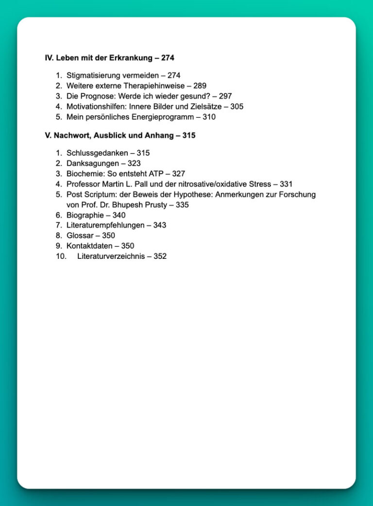 Buch "Die chronische Erschöpfung - Ärztlicher Rat und Therapie bei ME/CFS und Long COVID" Inhaltsverzeichnis